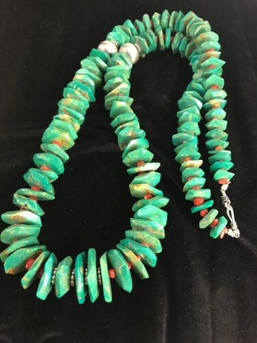 Navajo Turquoise & Spiny Oyster Necklace Sterling Silver 30" 8063