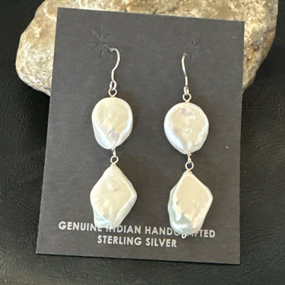 Beautiful White Sterling Silver Freshwater Pearl Dangle Earrings 1.5" 3077