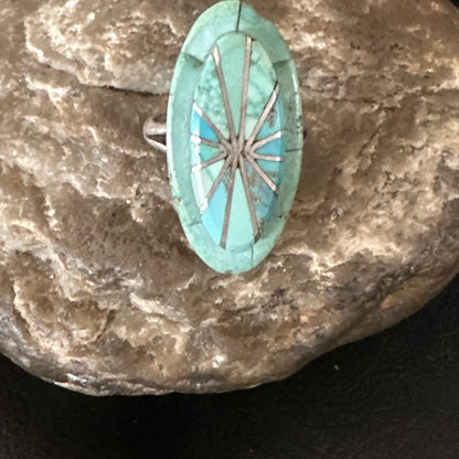 Native American Indian Navajo Blue Turquoise Inlay Band Ring Sz 7.5 18762