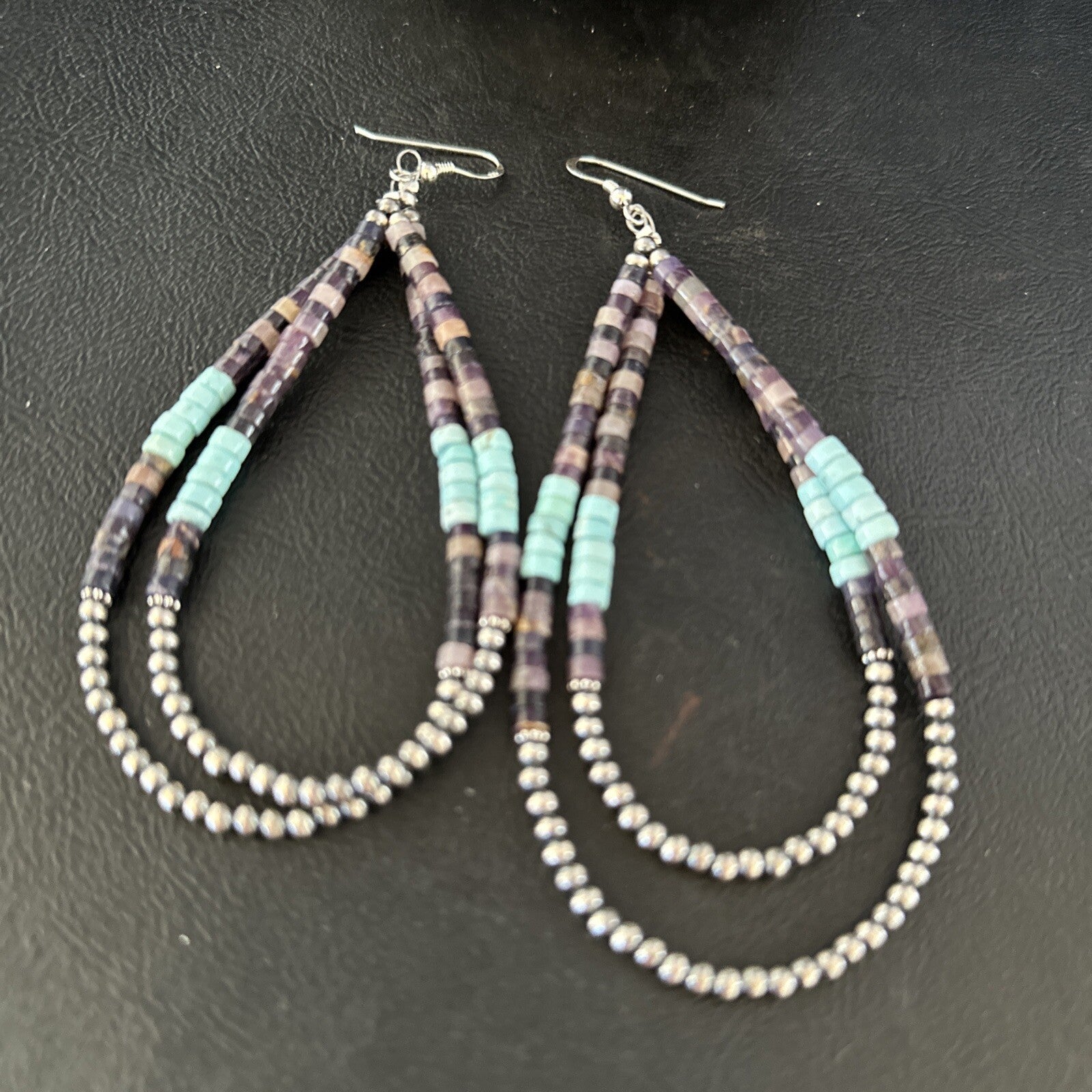 XL  Purple Stone Turquoise Sterling Silver Heishi Bead Earrings 4" 17837