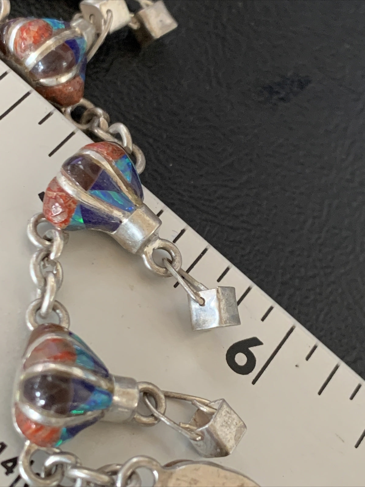 Blue Opal Coral Balloon Navajo Sterling Silver Link Inlay Bracelet 7.5" 12924