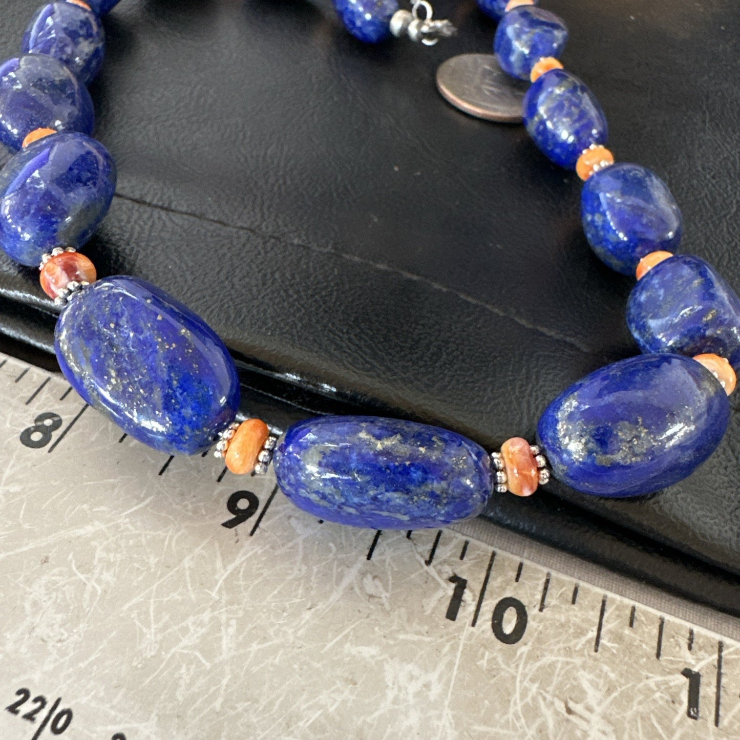 Blue Lapis Orange Spiny Chunky Southwestern Sterling Silver Necklace 20” 19258