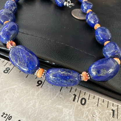 Blue Lapis Orange Spiny Chunky Southwestern Sterling Silver Necklace 20” 19258