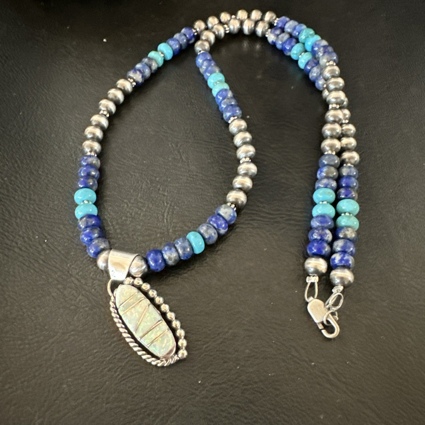 Blue Turquoise White Opal Pendant Lapis Navajo Sterling Silver Necklace 19471