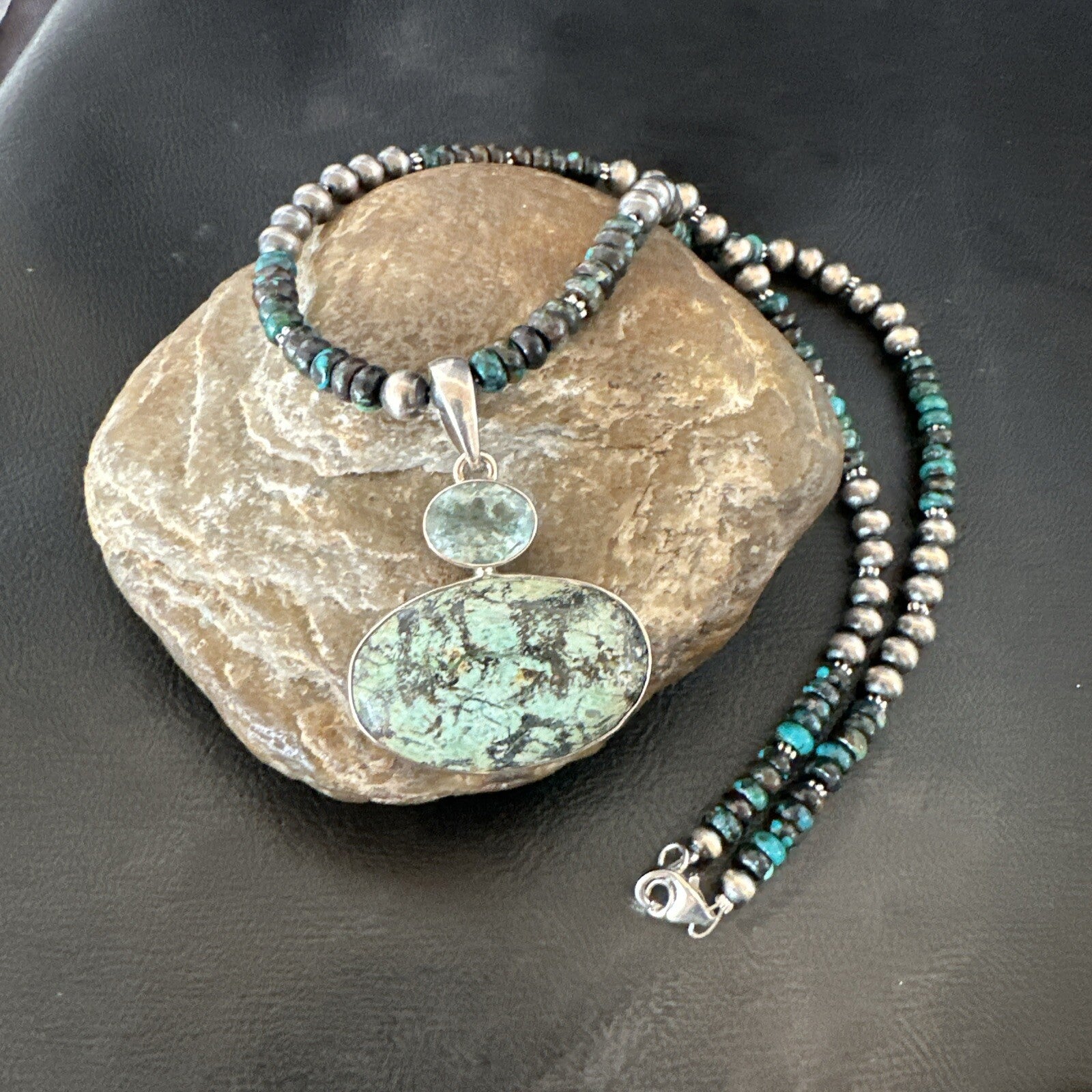 Mens Blue Spiderweb Turquoise Pendant Navajo Sterling Silver Necklace 18067
