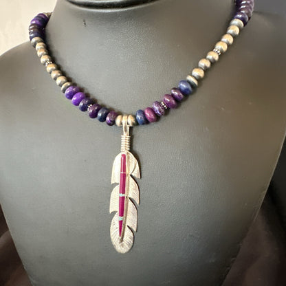 Feather Purple Stone Opal Pendant Sterling Silver Necklace 21” 18671