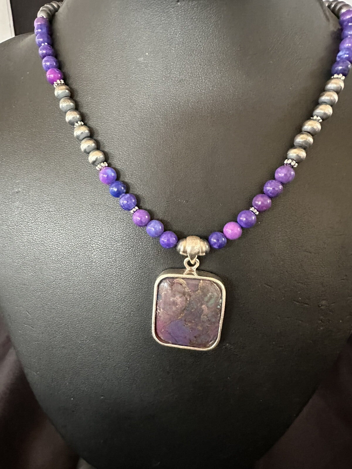 Purple Stone Turquoise Pendant Pearls Sterling Silver Necklace 18385