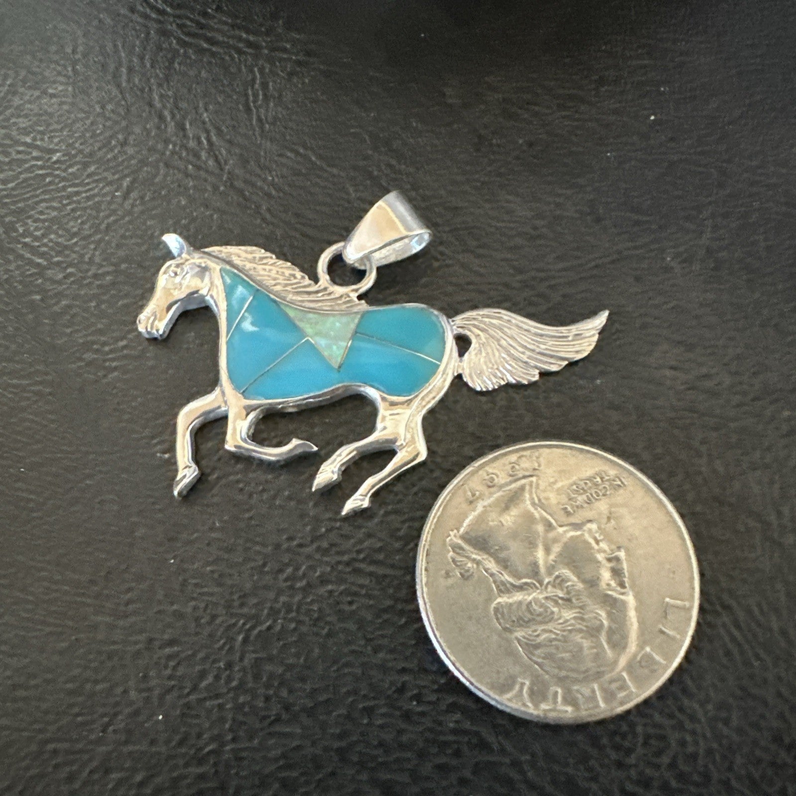 Horse Inlay Southwestern Cowboy Blue Turquoise Sterling Silver Pendant 2” 19160