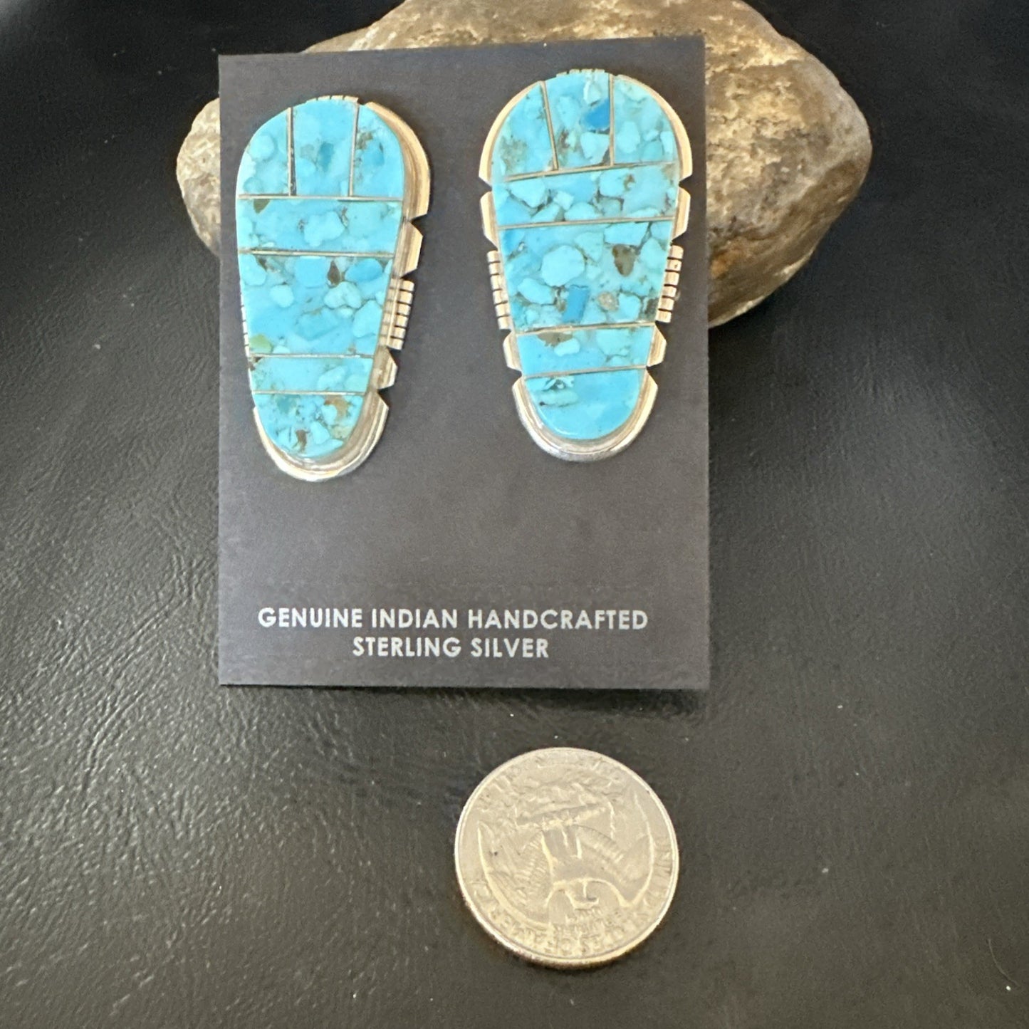 New Inlay Blue Kingman Turquoise Sterling Silver Earrings 1.5” 19097