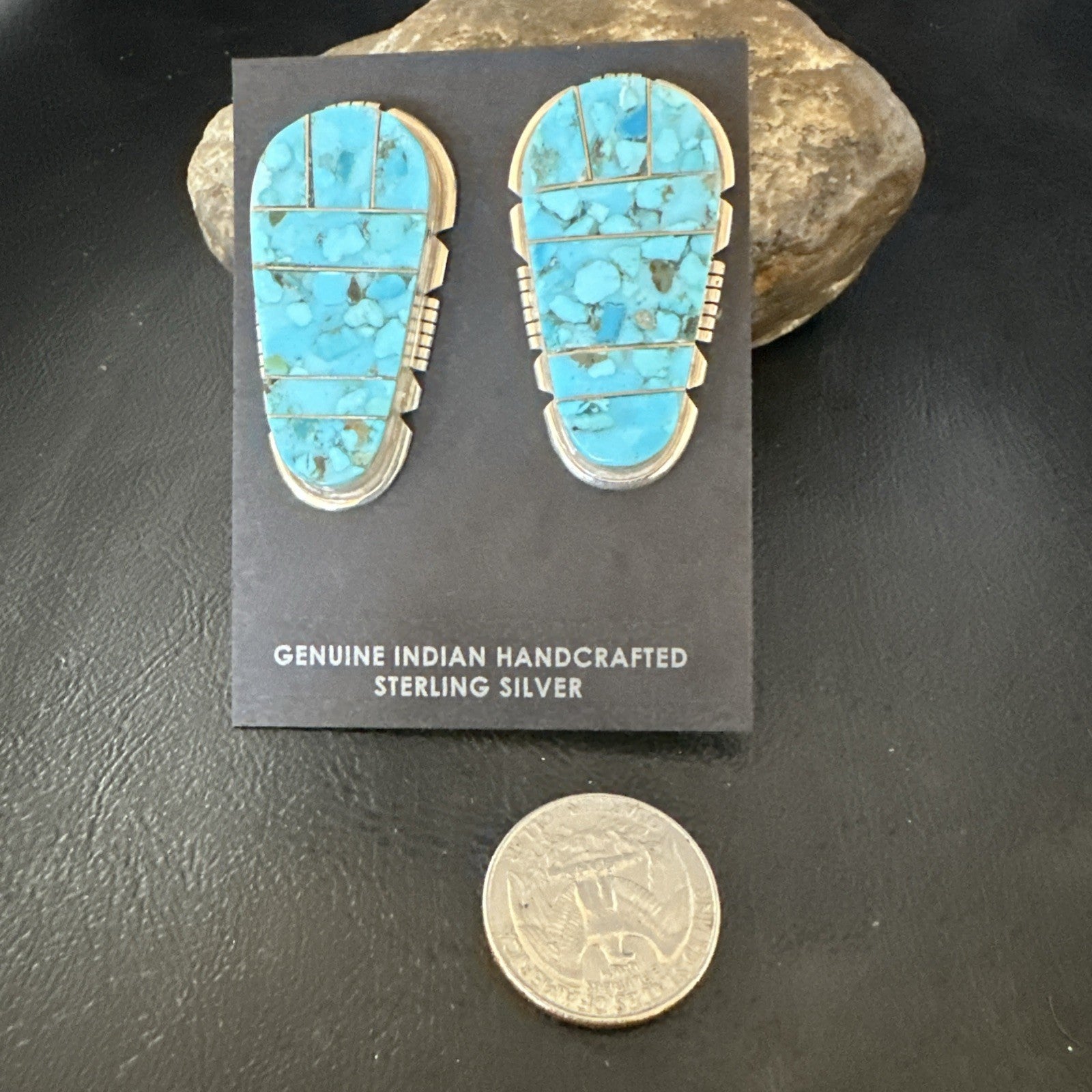 New Inlay Blue Kingman Turquoise Sterling Silver Earrings 1.5” 19097