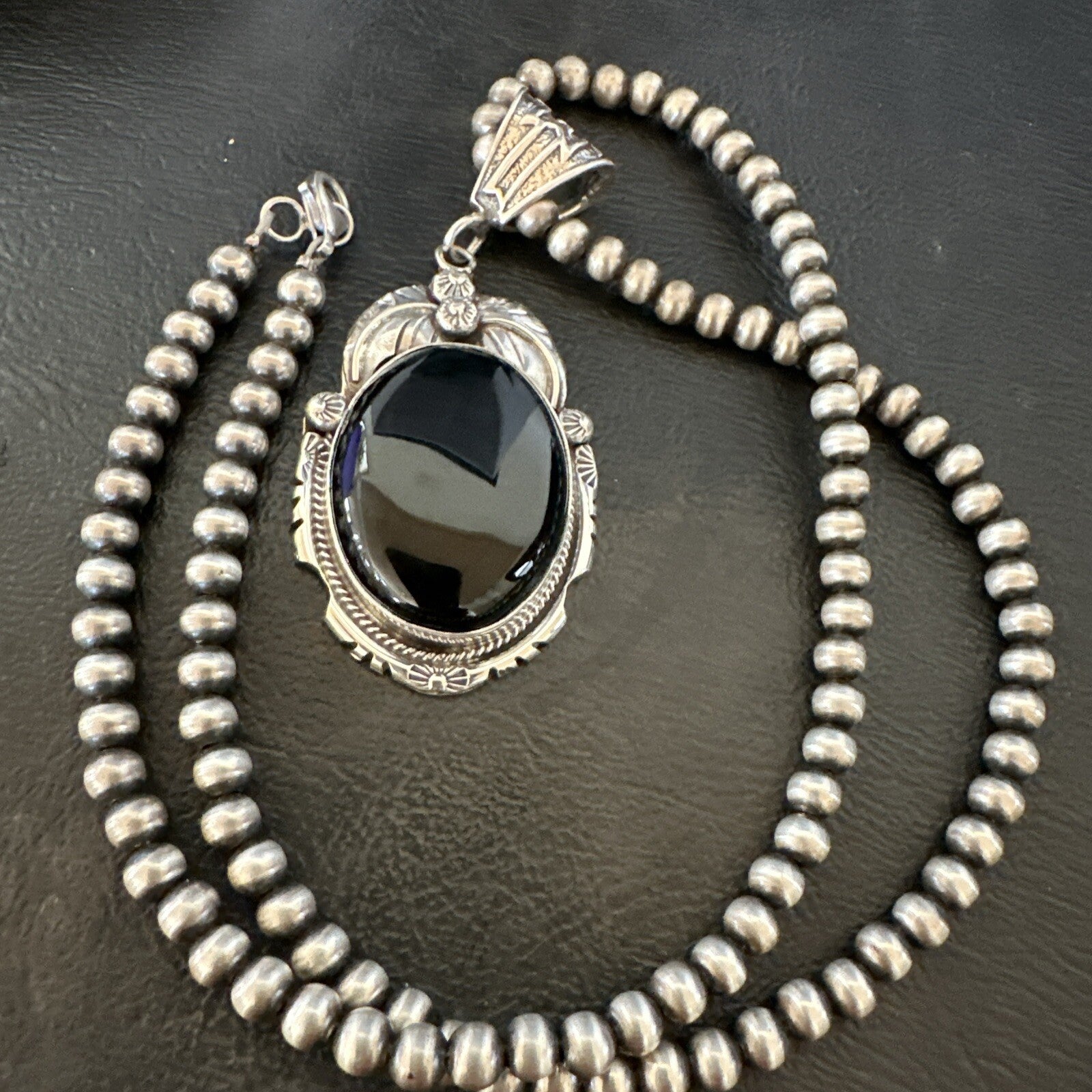 Mens Womens Black Onyx Pendant Navajo Sterling Silver Beads Necklace 18307