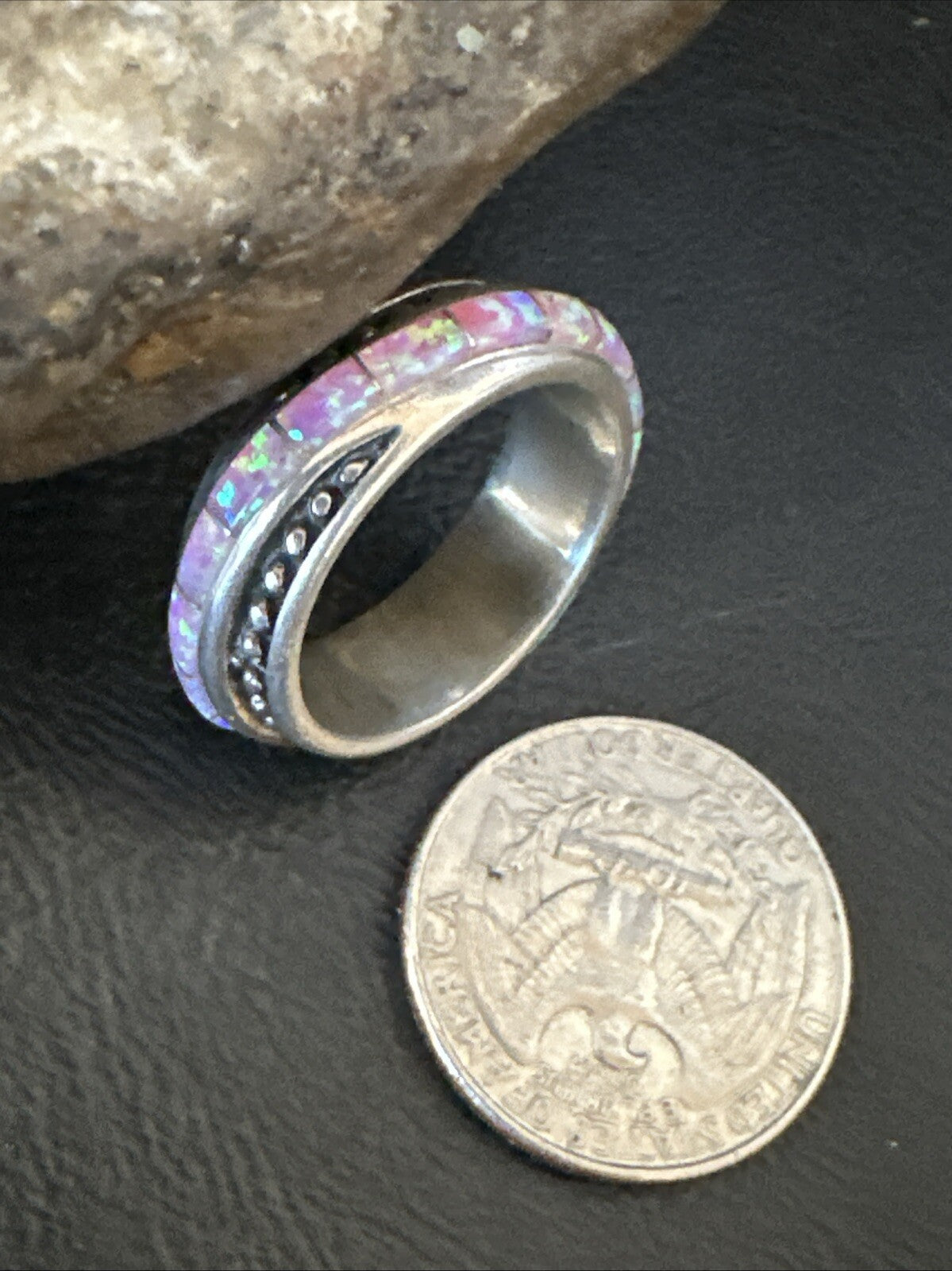 Pink Opal Navajo Sterling Silver Band Inlay Ring Size 9 18784