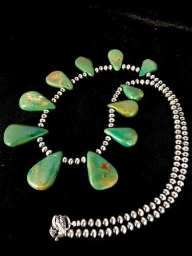 Navajo Green Turquoise Teardrop Necklace Sterling Silver Handmade 8744