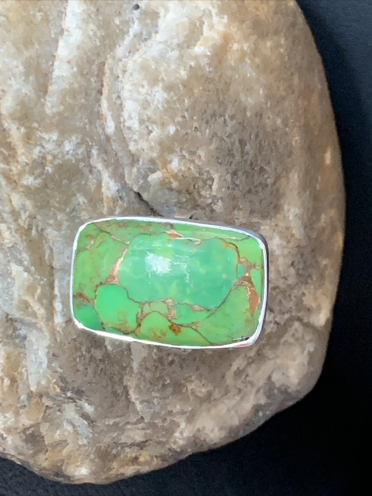 Green Mohave Turquoise Navajo Sterling Silver Ring Size 8.5 Adjustable 11793