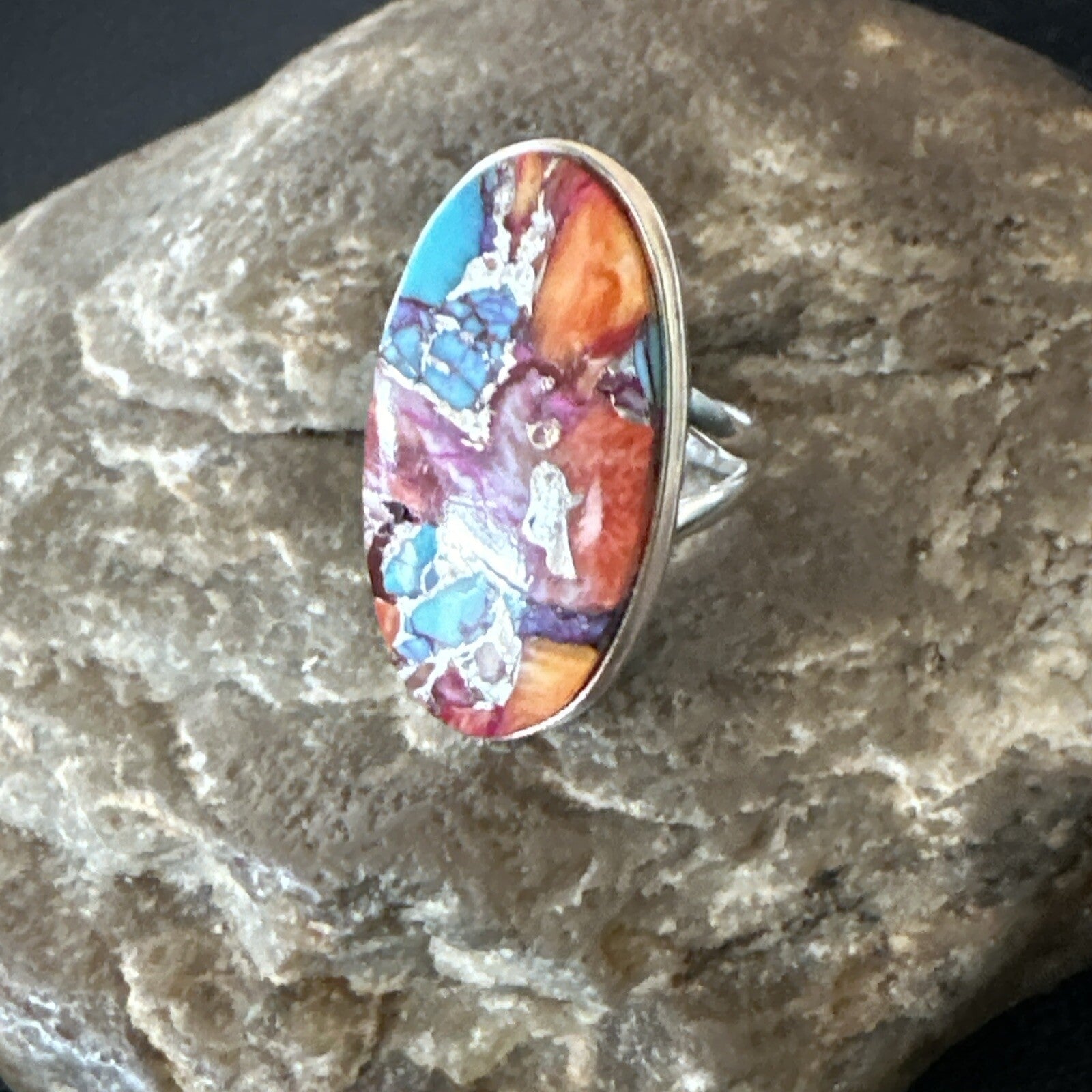 Blue Turquoise Spiny Oyster Southwestern Sterling Silver Ring Size 6 18514