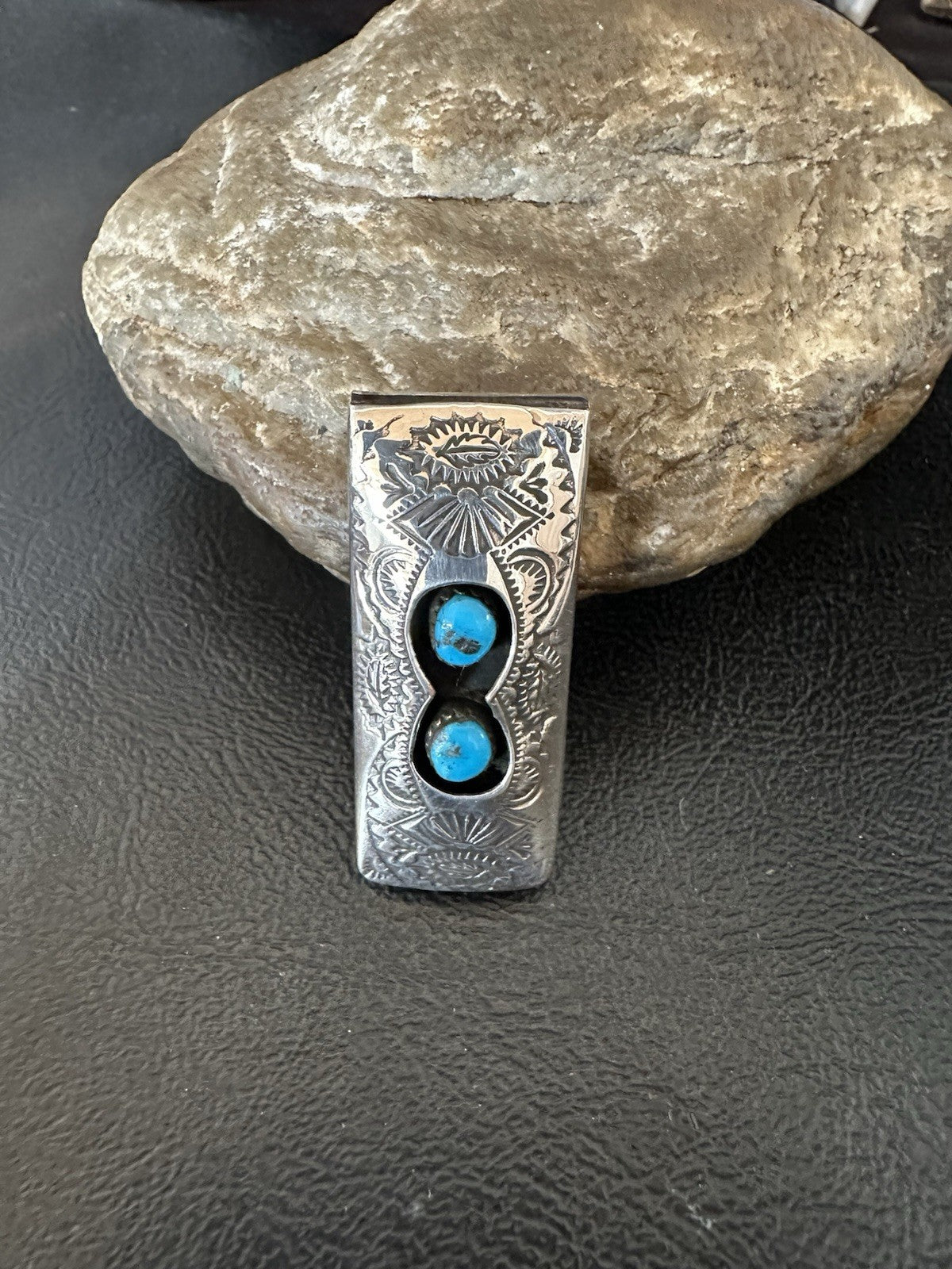 Mens Blue Turquoise Navajo Stainless Stamped Silver Money Clip 19367