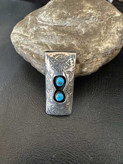 Mens Blue Turquoise Navajo Stainless Stamped Silver Money Clip 19367