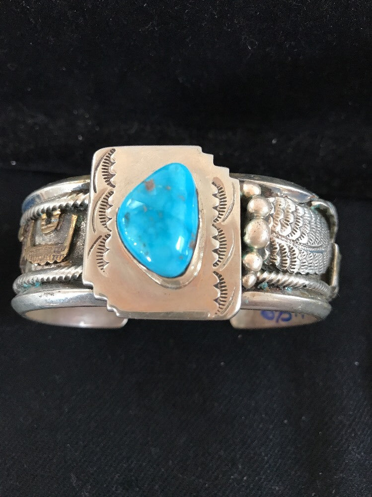 Blue Turquoise Navajo Sterling Silver Cuff Bracelet 12K Gold 08290