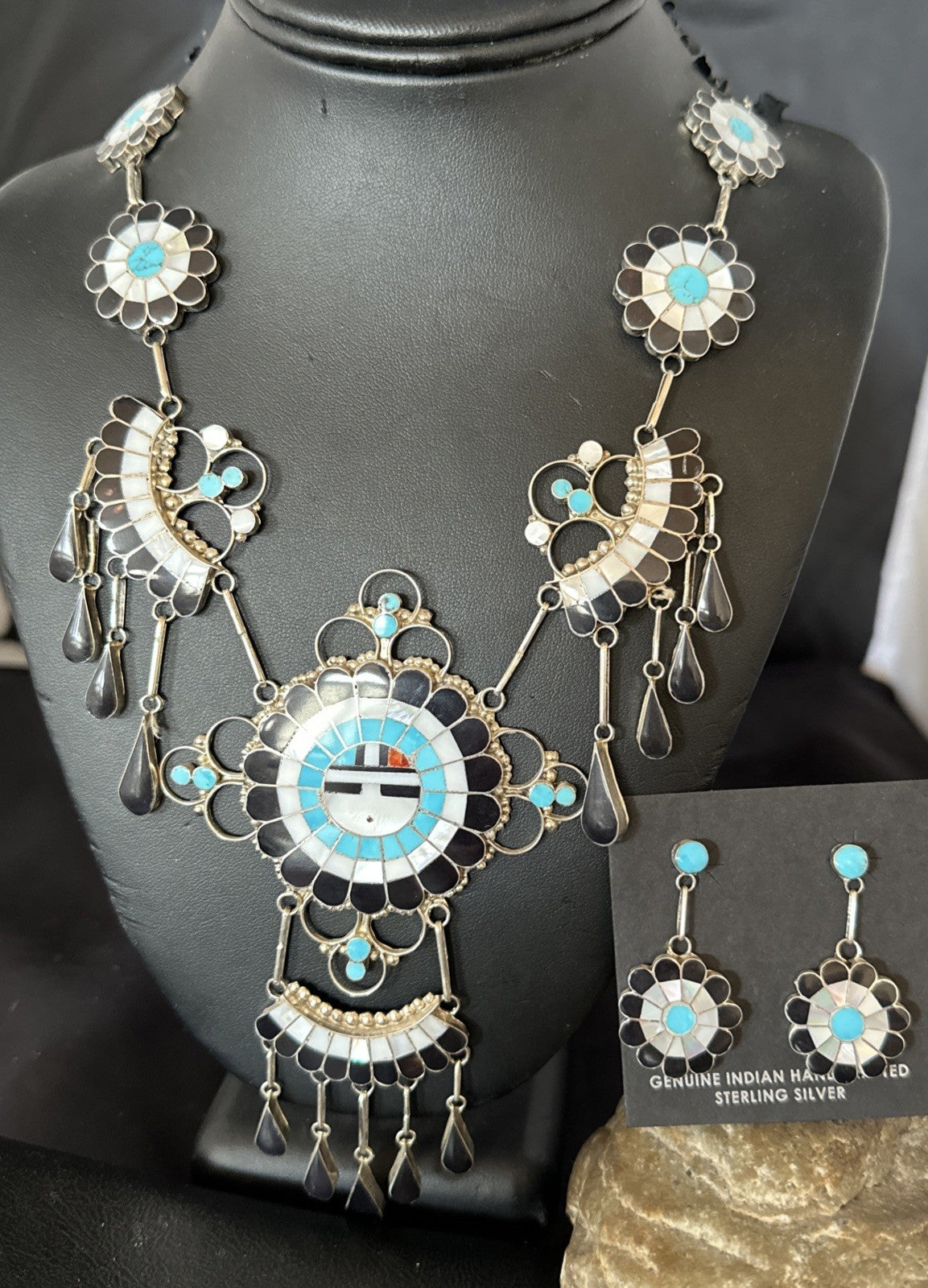 Old Pawn Sunface Turquoise Zuni Sterling Silver Necklace Earrings 19086