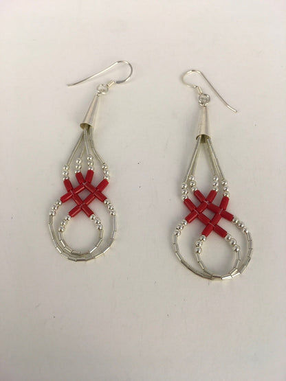 Native Red Coral Heishi Tube Liquid Sterling Silver Dangle Earrings 2" 08877