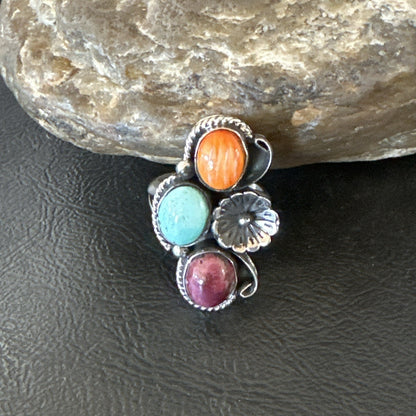 Multicolor Ring Turquoise Spiny Navajo Sterling Silver Cluster Size 7 19178
