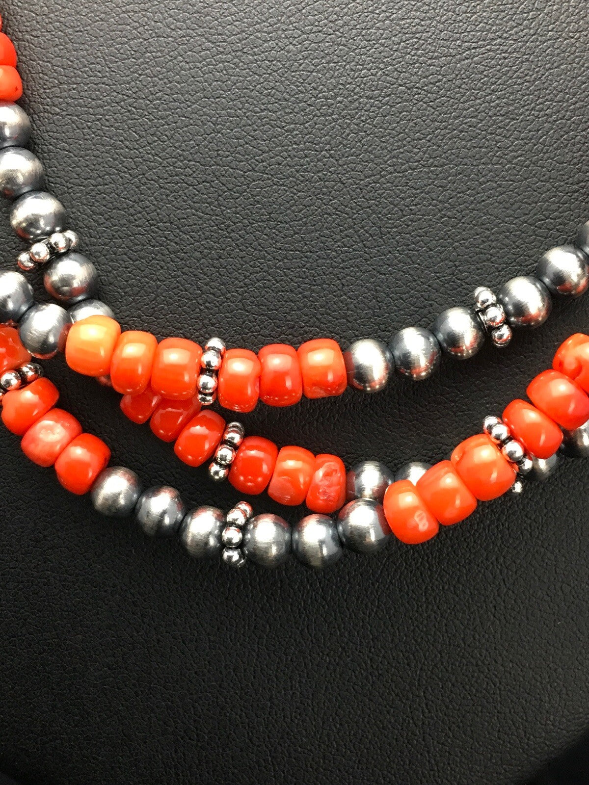 Red Coral 3 Strand Sterling Silver Navajo Necklace 02585