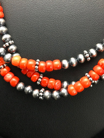 Red Coral 3 Strand Sterling Silver Navajo Necklace 02585