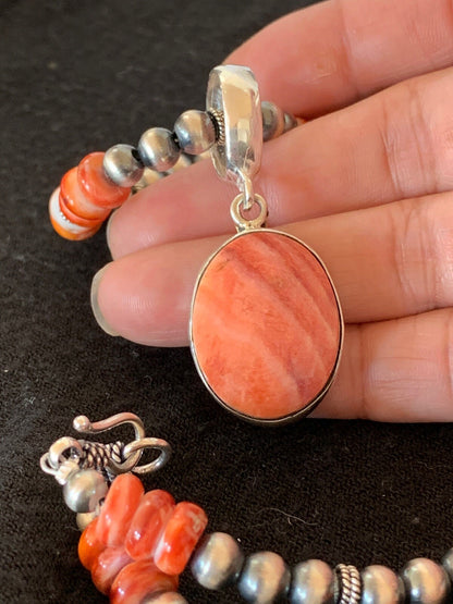 Native Men’s Red Spiny Oyster Pendant Navajo Sterling Silver Necklace 08820