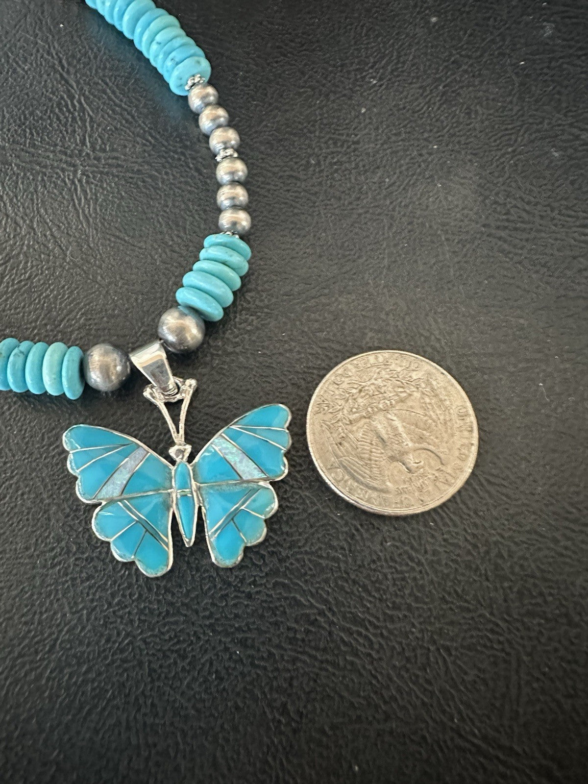 Butterfly Blue Turquoise Opal Pendant Navajo Sterling Silver Necklace 19511