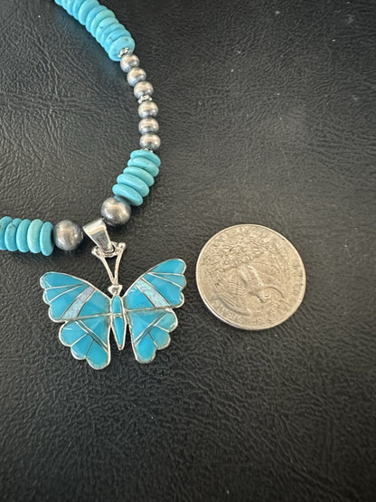Butterfly Blue Turquoise Opal Pendant Navajo Sterling Silver Necklace 19511