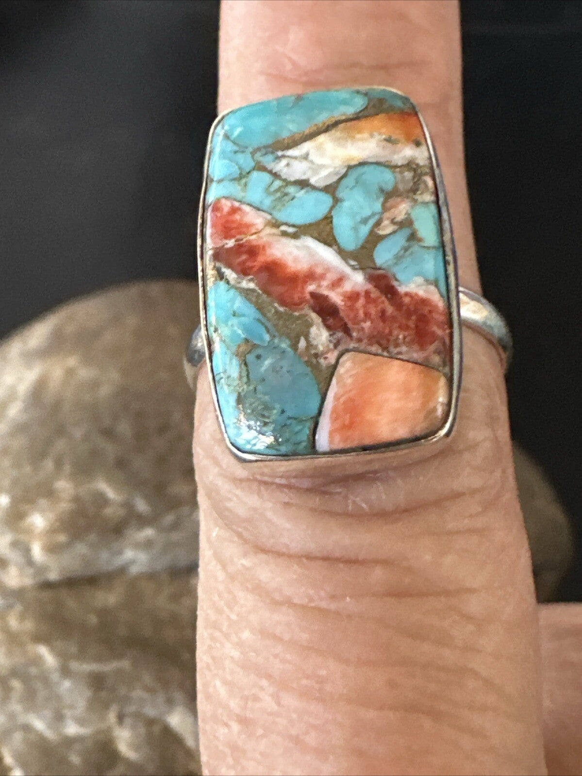 Blue Turquoise Spiny Oyster Southwestern Sterling Silver Ring Size 8 18434