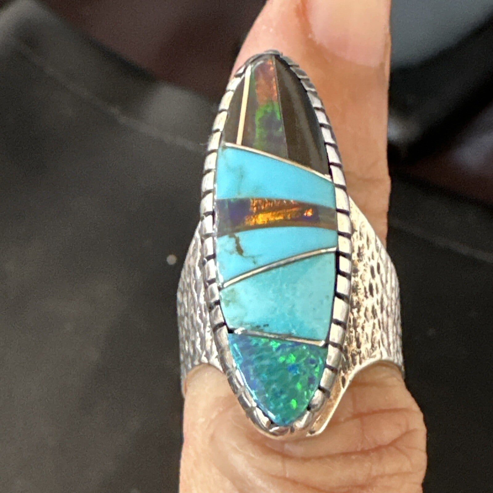 Men Navajo Multi-Color Opal Turquoise Inlay Sterling Silver Ring Size 6 18756
