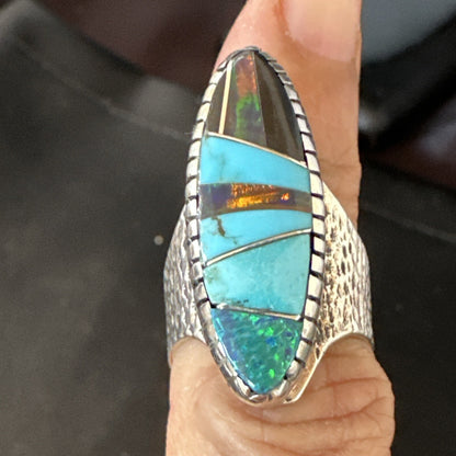 Men Navajo Multi-Color Opal Turquoise Inlay Sterling Silver Ring Size 6 18756