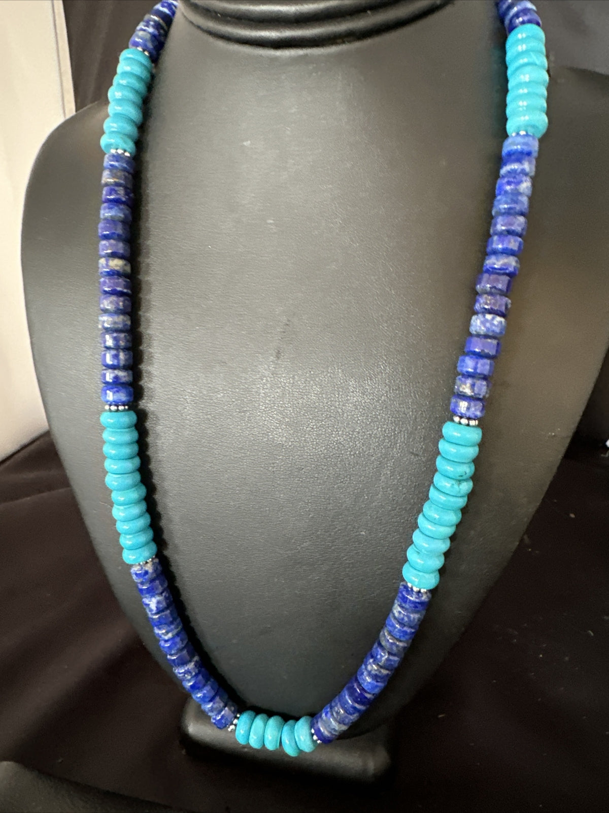 Mens Navajo Beads Lapis Sterling Silver Necklace Turquoise 23” 14941