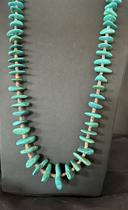 XL Navajo Kingman Turquoise Shell Heishi Sterling Silver Bead 34” Necklace 19635