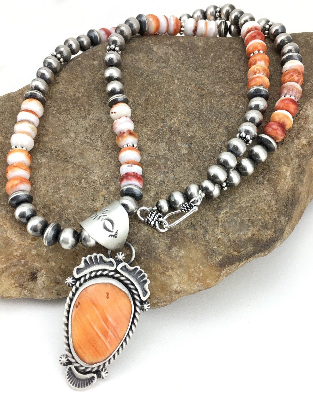 Orange Spiny Oyster Pendant Sterling Silver Beads Necklace 22" 01241