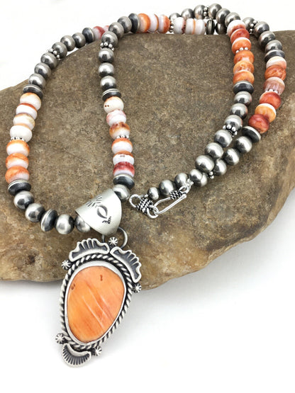 Orange Spiny Oyster Pendant Sterling Silver Beads Necklace 22" 01241