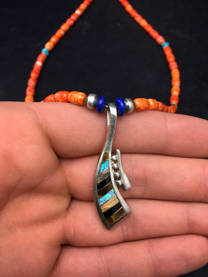 Multi-Stone Pendant Spiny Oyster Navajo Sterling Silver Necklace 19" 04519