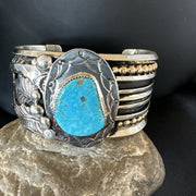 Blue Turquoise Navajo Cuff Bracelet 12K Gold | Sterling Silver | Authentic Native American Handmade | 19131