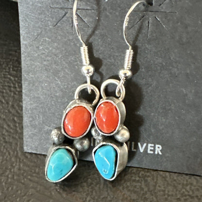 Handmade Blue Turquoise Red Coral Sterling Silver Navajo Dangle Earrings 18842
