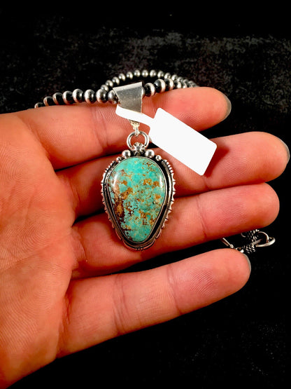 Green Turquoise #8 Pendant Navajo Pearls Sterling Silver Necklace 08678