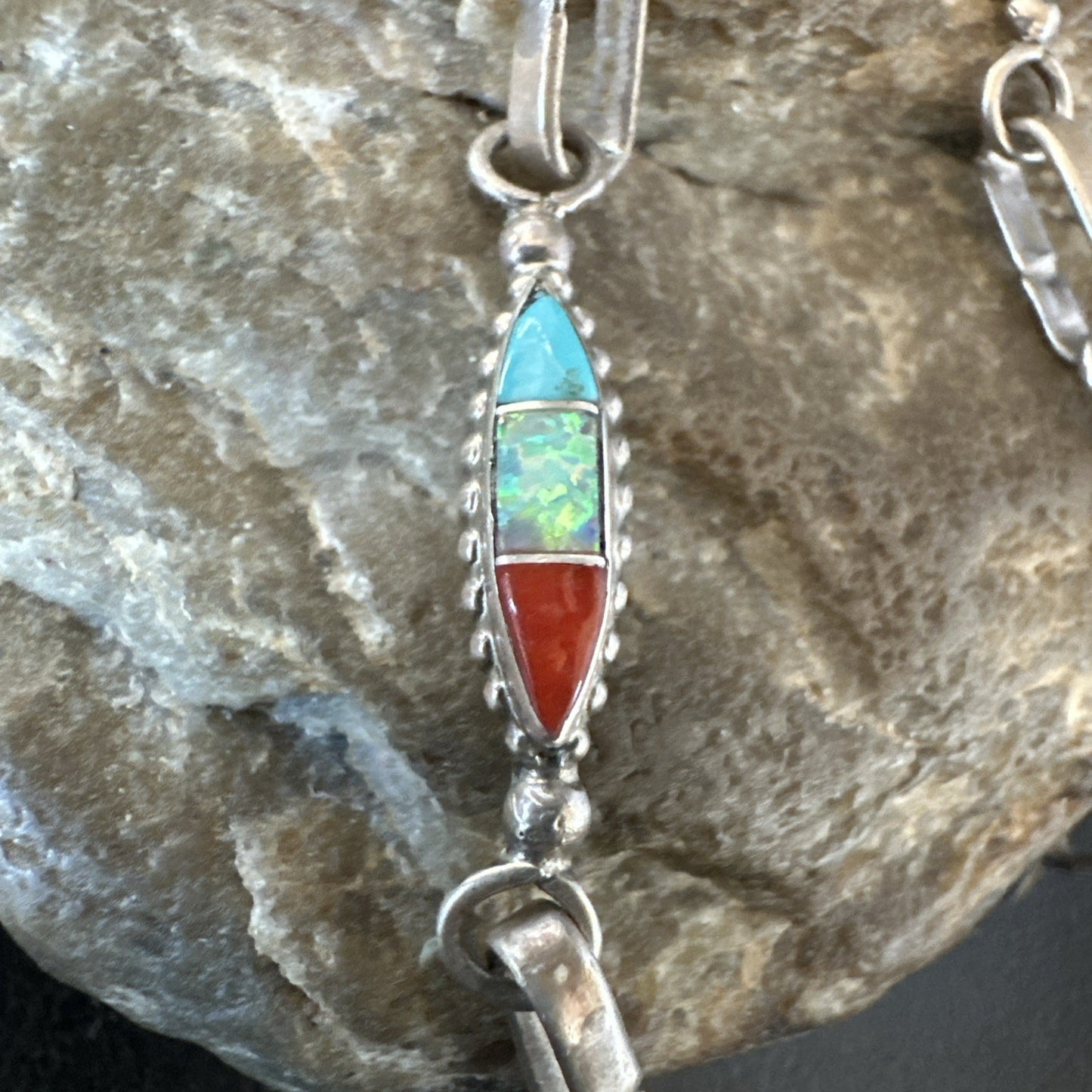 Women Oldpawn Turquoise Opal Coral Navajo Sterling Silver Link Bracelet 8” 19798