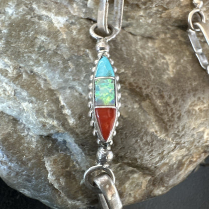 Women Oldpawn Turquoise Opal Coral Navajo Sterling Silver Link Bracelet 8” 19798