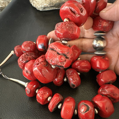 Chunky Navajo Red Bamboo Coral Sterling Silver Bead Necklace 24” Graduated 19531