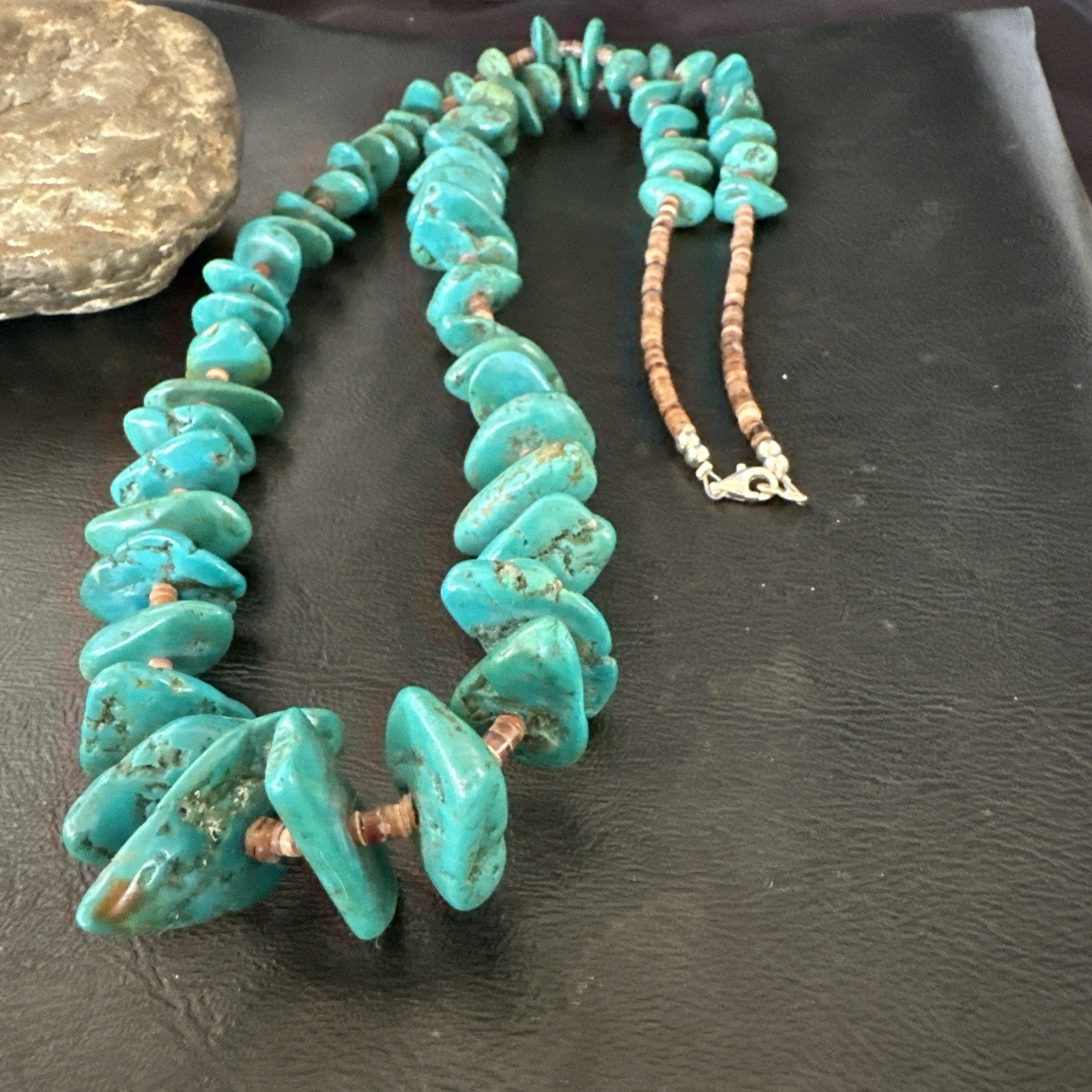 XL Navajo Kingman Turquoise Shell Heishi Sterling Silver Bead 35” Necklace 19634