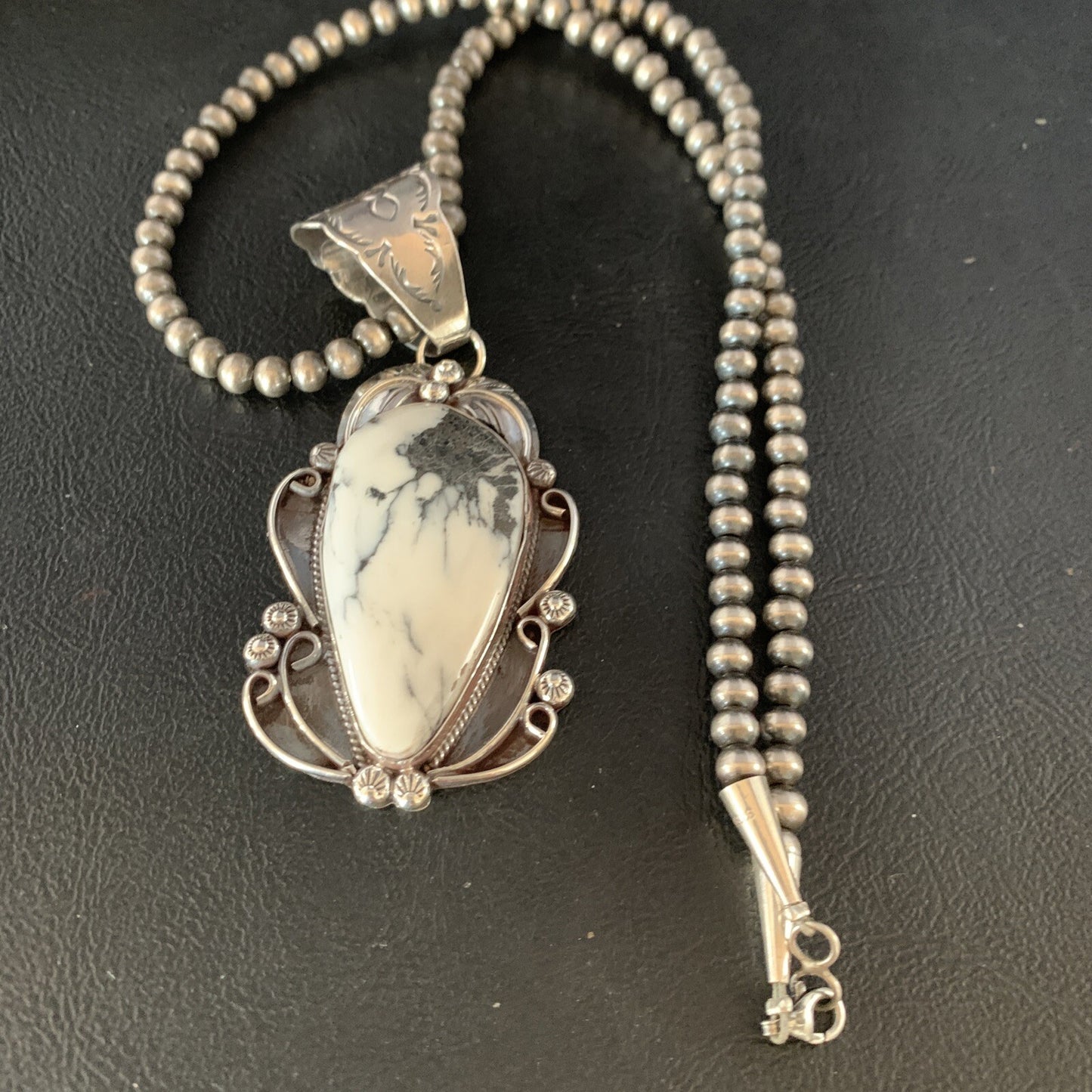 White Buffalo Turquoise Pendant Necklace Sterling Silver Navajo 13994