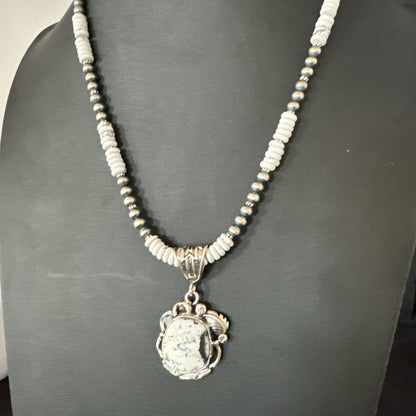 White Buffalo Turquoise Pendant Navajo Pearls Sterling Silver Necklace 20” 19496