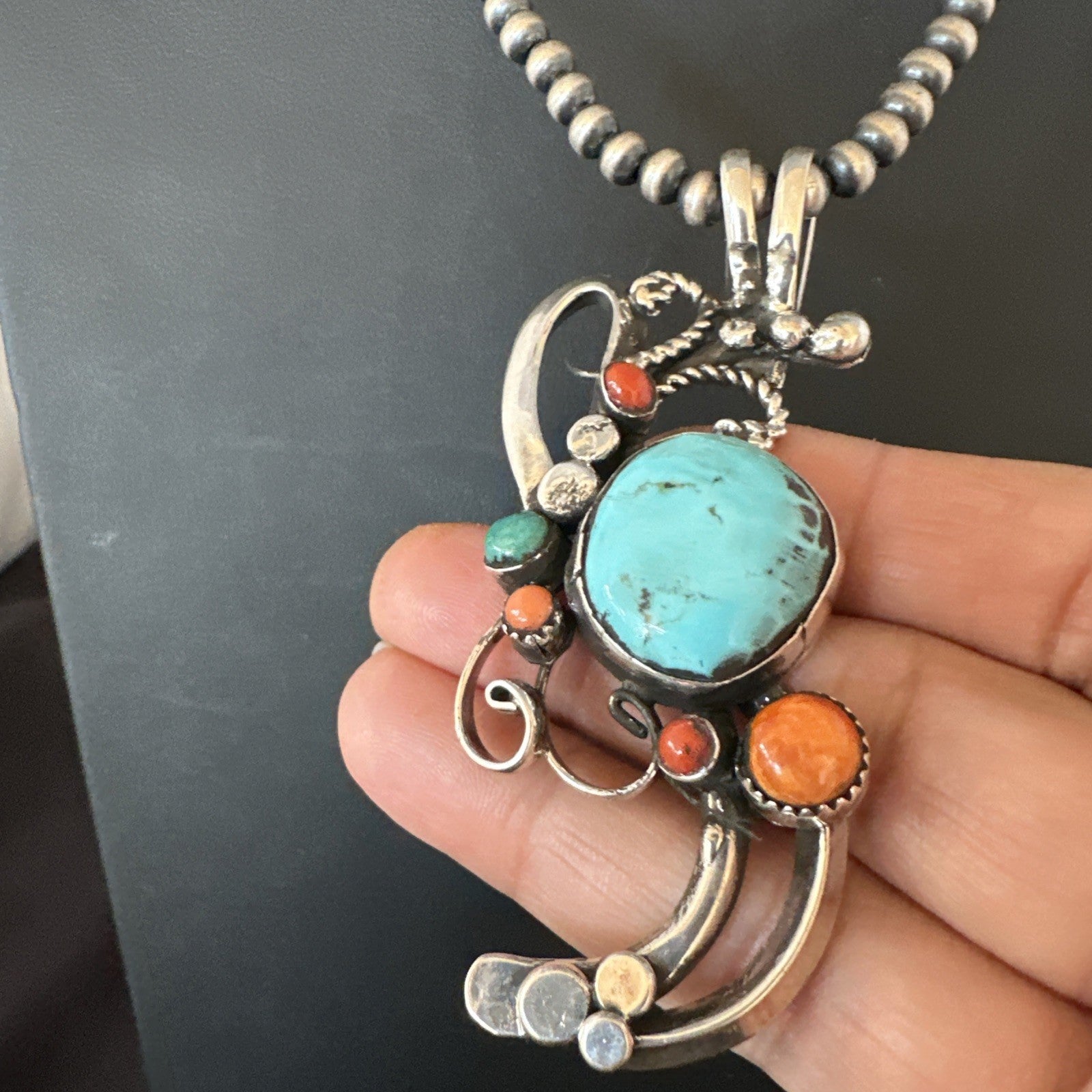 Multicolor Turquoise Spiny Navajo Sterling Silver Cluster Pendant Necklace 19683