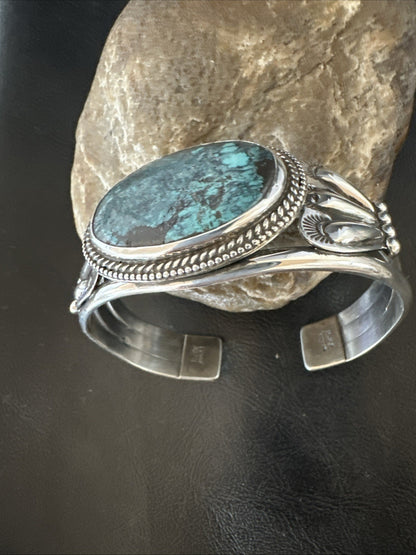 H Joe Blue Spiderweb Turquoise Navajo Sterling Silver Cuff Bracelet 8.2" 19424