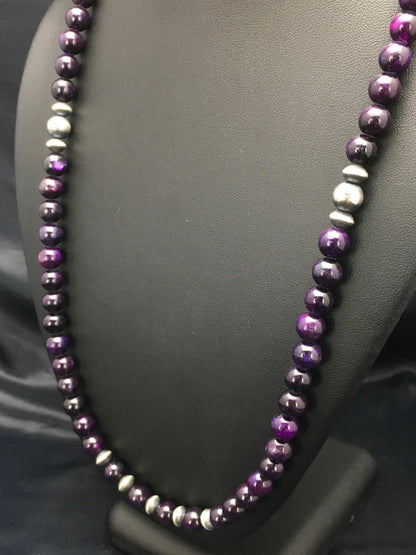 Purple Stone Round Bead Navajo Indian Sterling Silver Necklace 08110